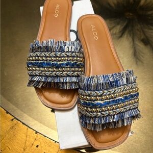 Aldo Blue and Brown Frayed Denim Sandals